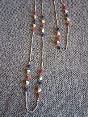 Vintage Station Necklace with Blue, Red and White Beads